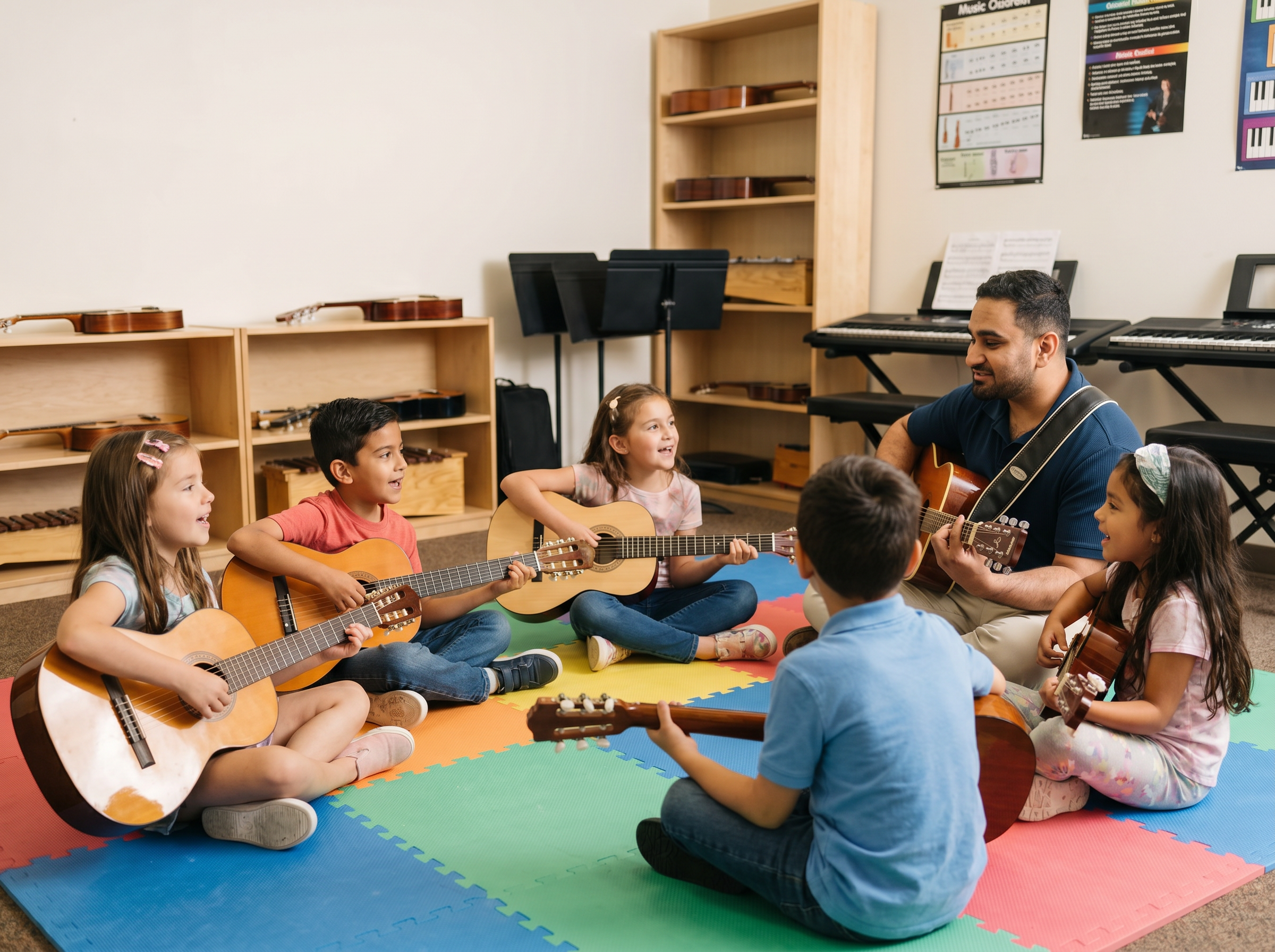 A small group of children playing guitar together in a Sing & Strum class at Annie Bonsignore Studios